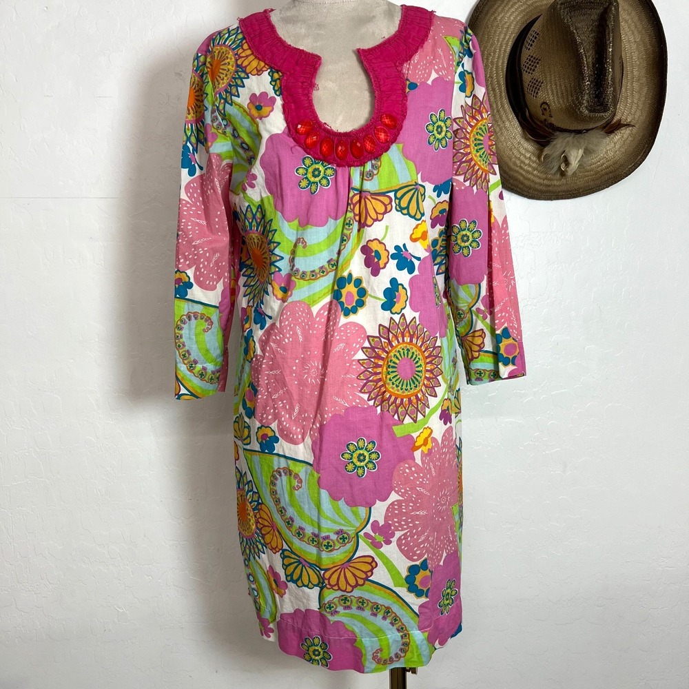 Boden Floral Beaded Tunic Dress Pink Yellow Green Sz US 6 / UK 10 Cotton Mini